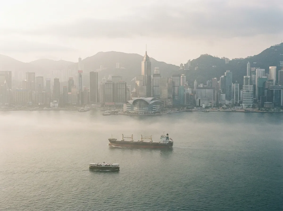 Cargo ship crossing Victoria Harbour, Hong Kong